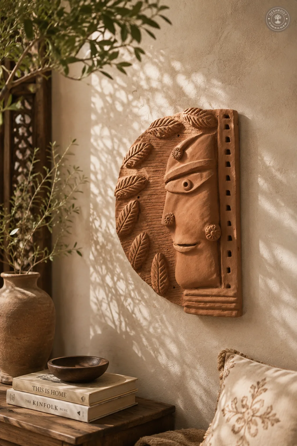 Handcrafted Terracotta Tribal Face Wall Art – Leaf Motif