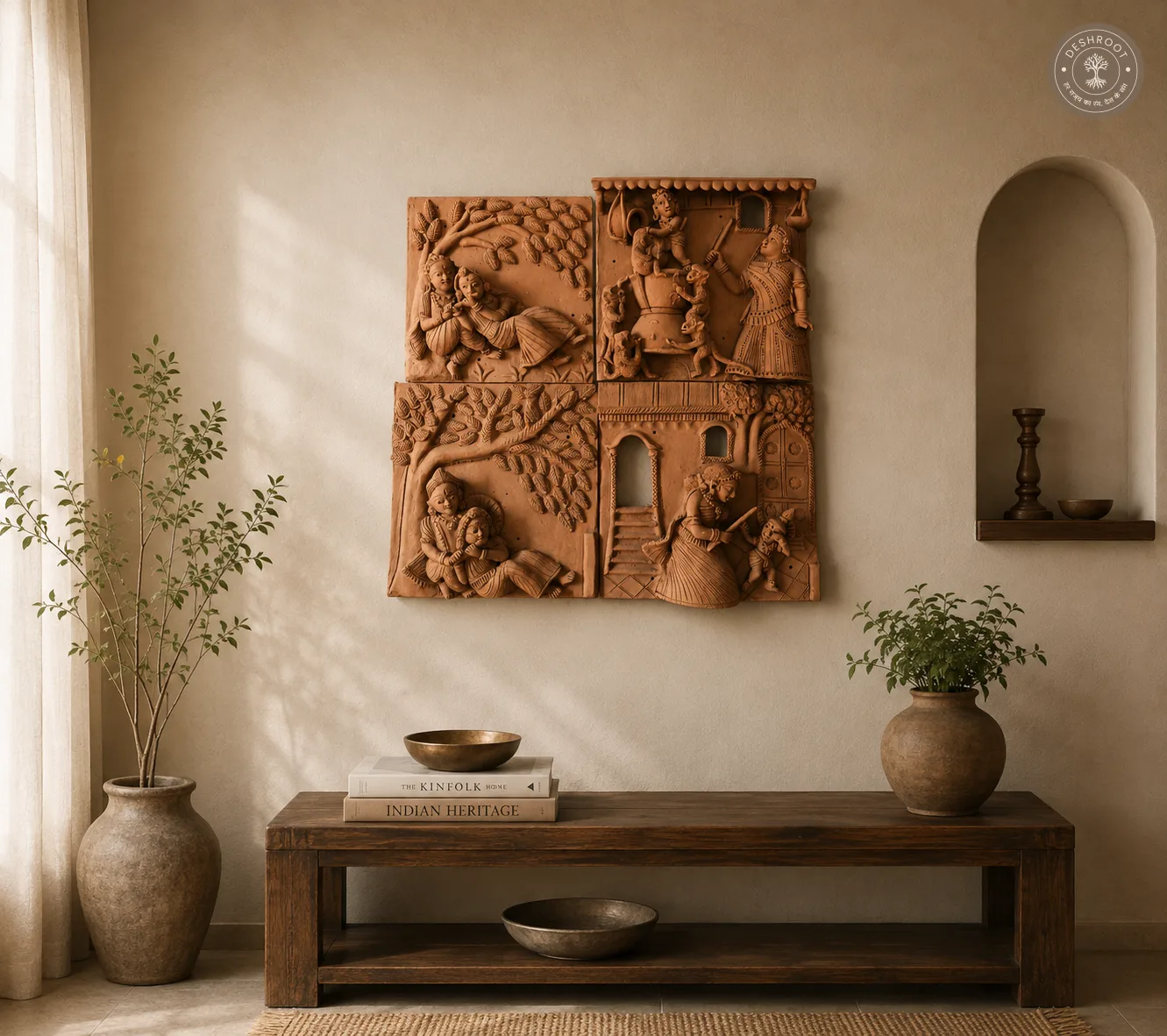 Rajasthani Terracotta Folk Art Wall Panel Set – Traditional Village & Krishna Scenes