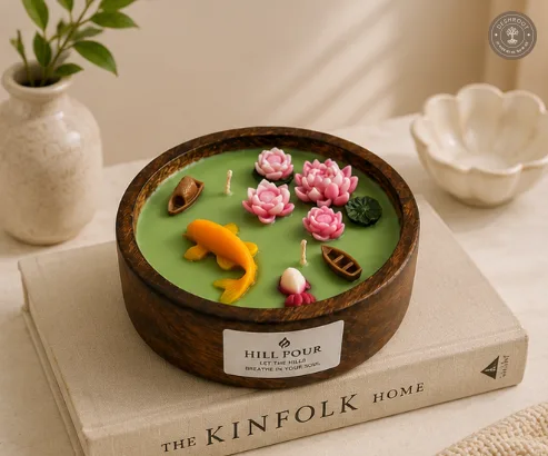 Hill Pour Lotus Pond Sandalwood Soy Wax Wooden Bowl Candle