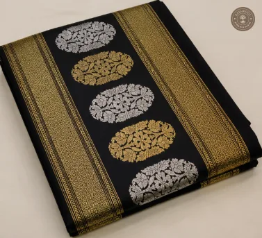 Katan Silk Banarasi Dupatta – Black with Gold & Silver Floral Zari Motifs and Woven Borders