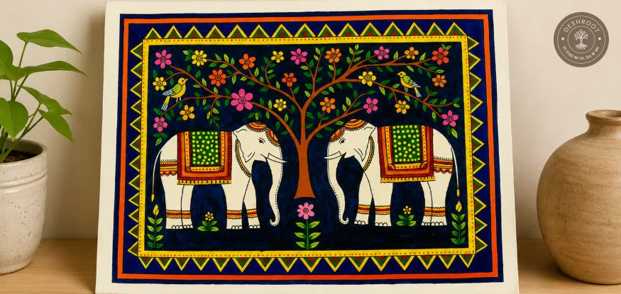 Traditional Madhubani Painting – Handcrafted Elephants & Flowering Tree on Canvas