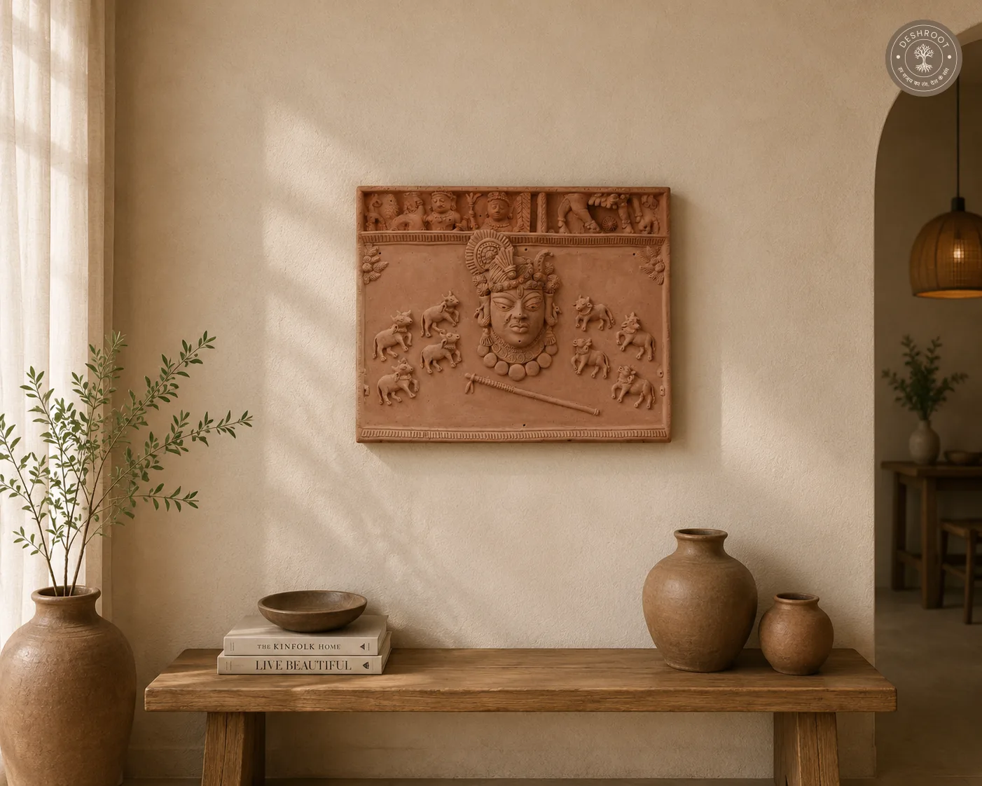 Handcrafted Terracotta Krishna & Cow Wall Relief Panel