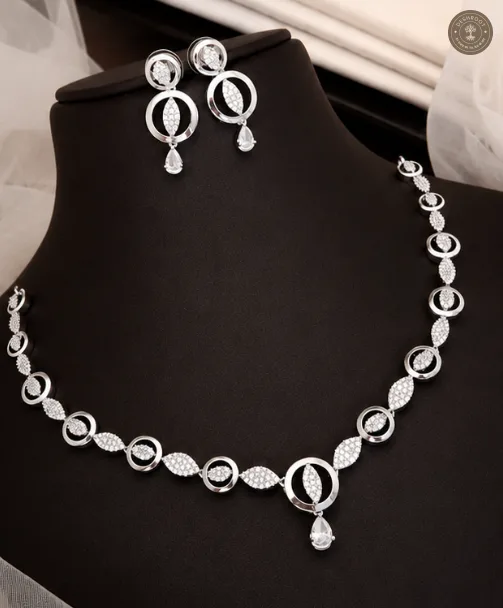 Lunara Infinity Leaf AD Crystal Silver-Tone Necklace & Earrings Set