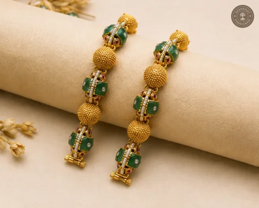Meher Emerald Beaded Heritage Gold-Tone Gajra Bracelets