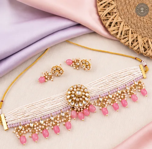Gulabi Noor Kundan Pearl & Pink Quartz Choker Necklace Set