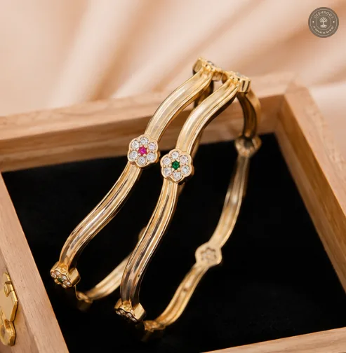 Zahra Dual-Wave Floral AD Gold-Tone Bangle Pair