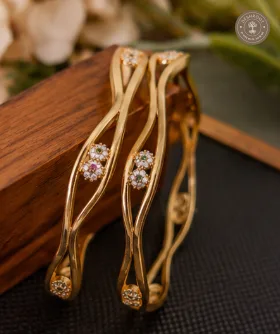 A.D. Diamond Micro Polish High Golden Bangles with Floral Stone Detailing
