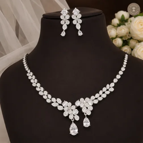 Celestia Bloom AD Diamond Silver-Tone Floral Necklace & Earrings Set