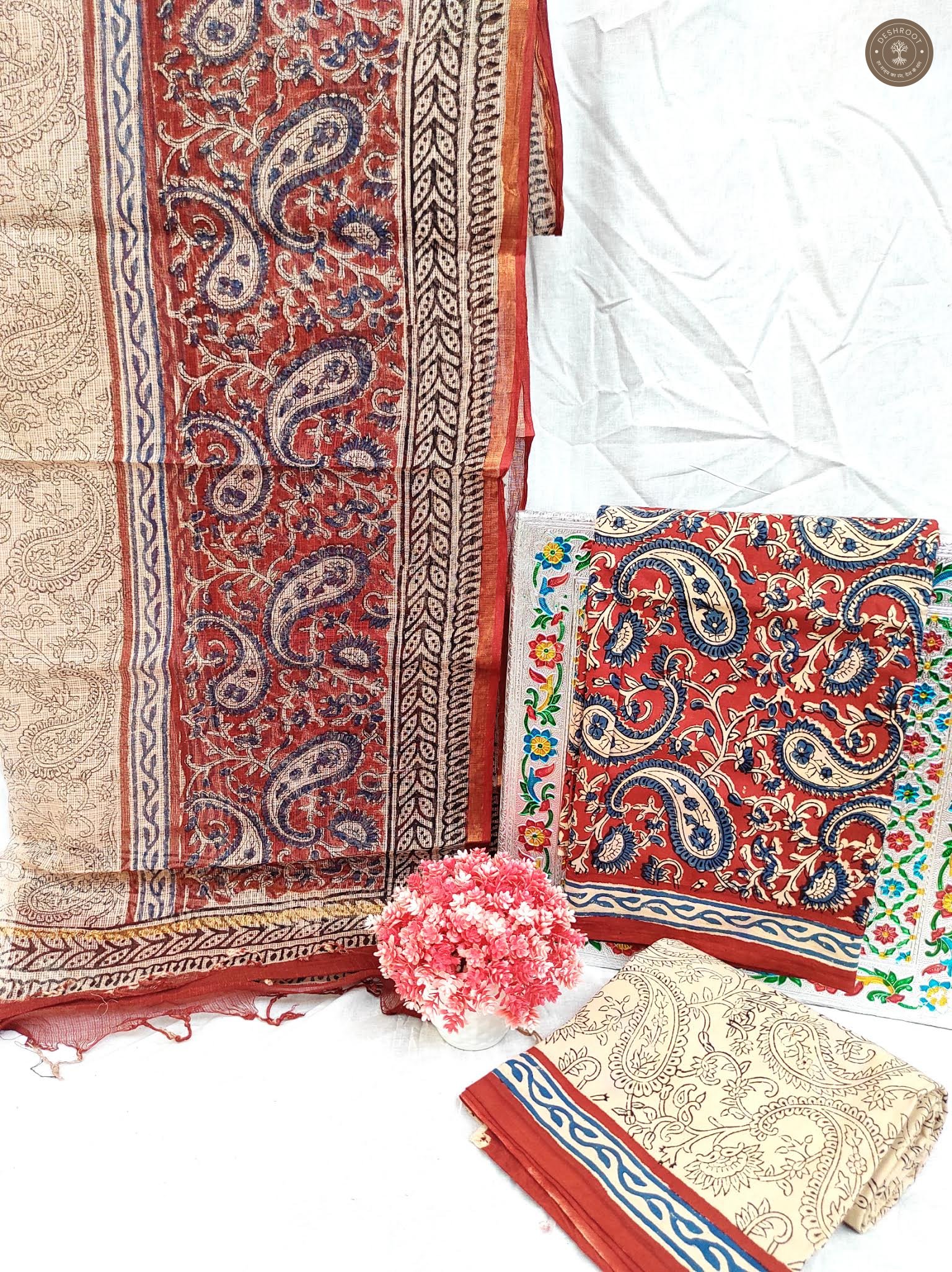 Bagru Bloom Hand Block Printed Cotton Unstitched Suit Set with Kota Doriya Dupatta | 3-Piece Dress Material