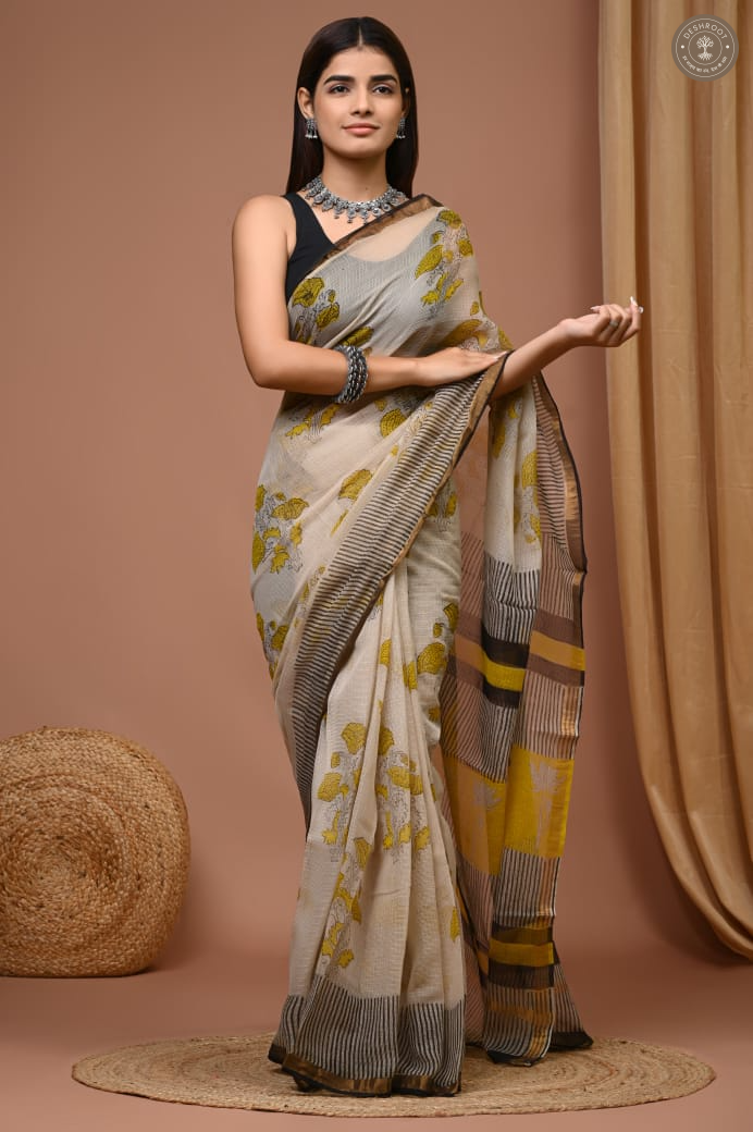 Hand Block Printed Kota Doria Cotton Saree with Blouse Piece