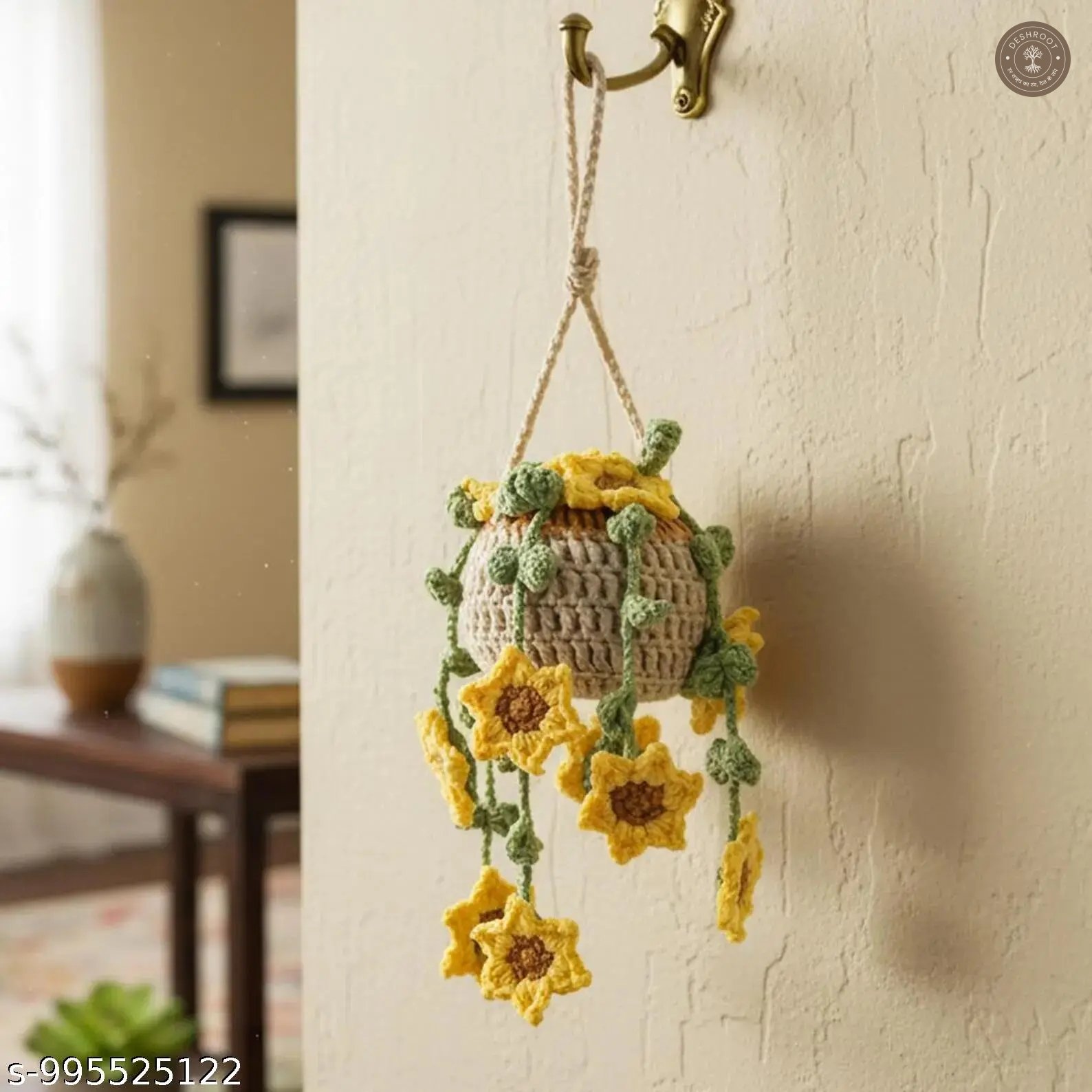 Handmade Crochet Sunflower Hanging Flower Pot - Decorative Knitted Hanging Basket with Cascading Sunflowers