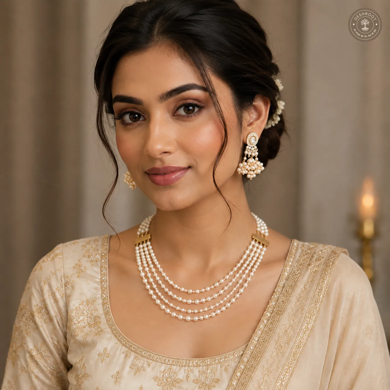 Elegant Multi-Strand Pearl choker & Earring Set
