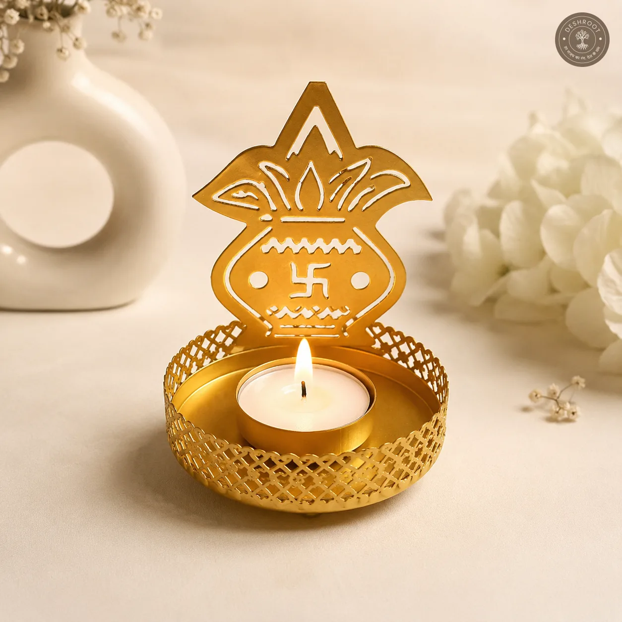 Golden Metal Swastik Kalash Shadow Diya Tea Light Candle Holders ( Set of 2 )