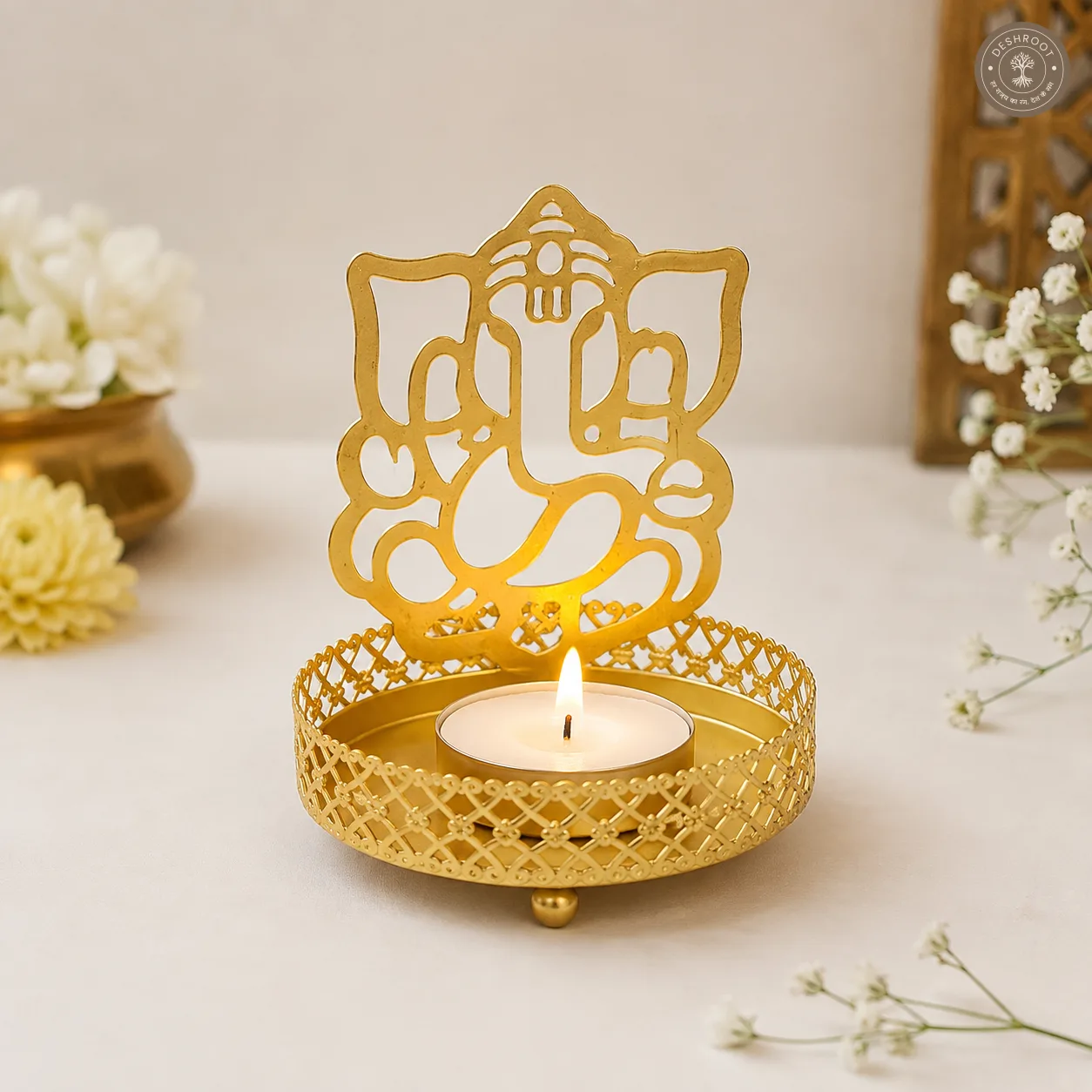 Golden Metal Ganesh Ji Shadow Diya Tea Light Candle Holders – Set of 2