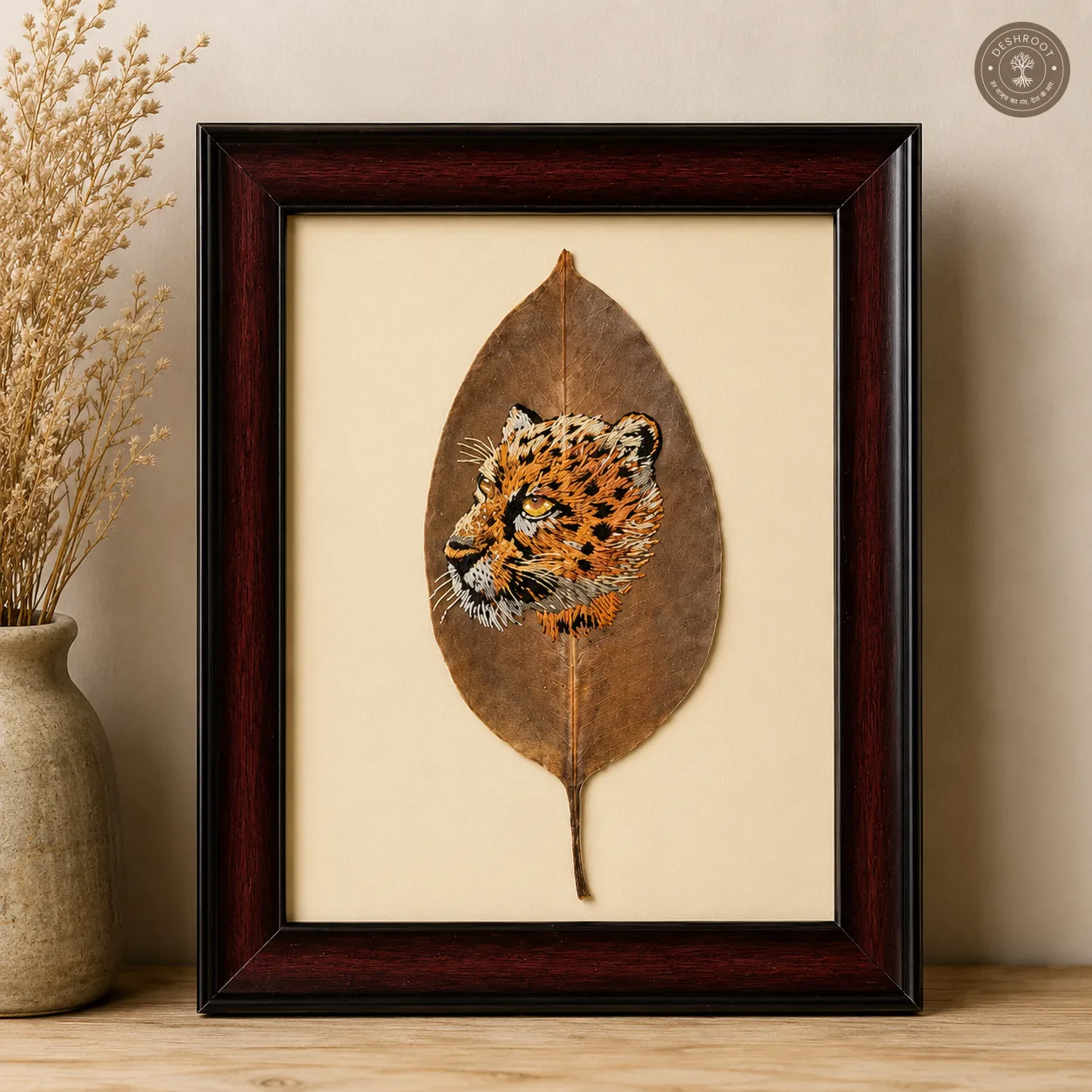 Handcrafted Leopard Embroidered Leaf Art Frame