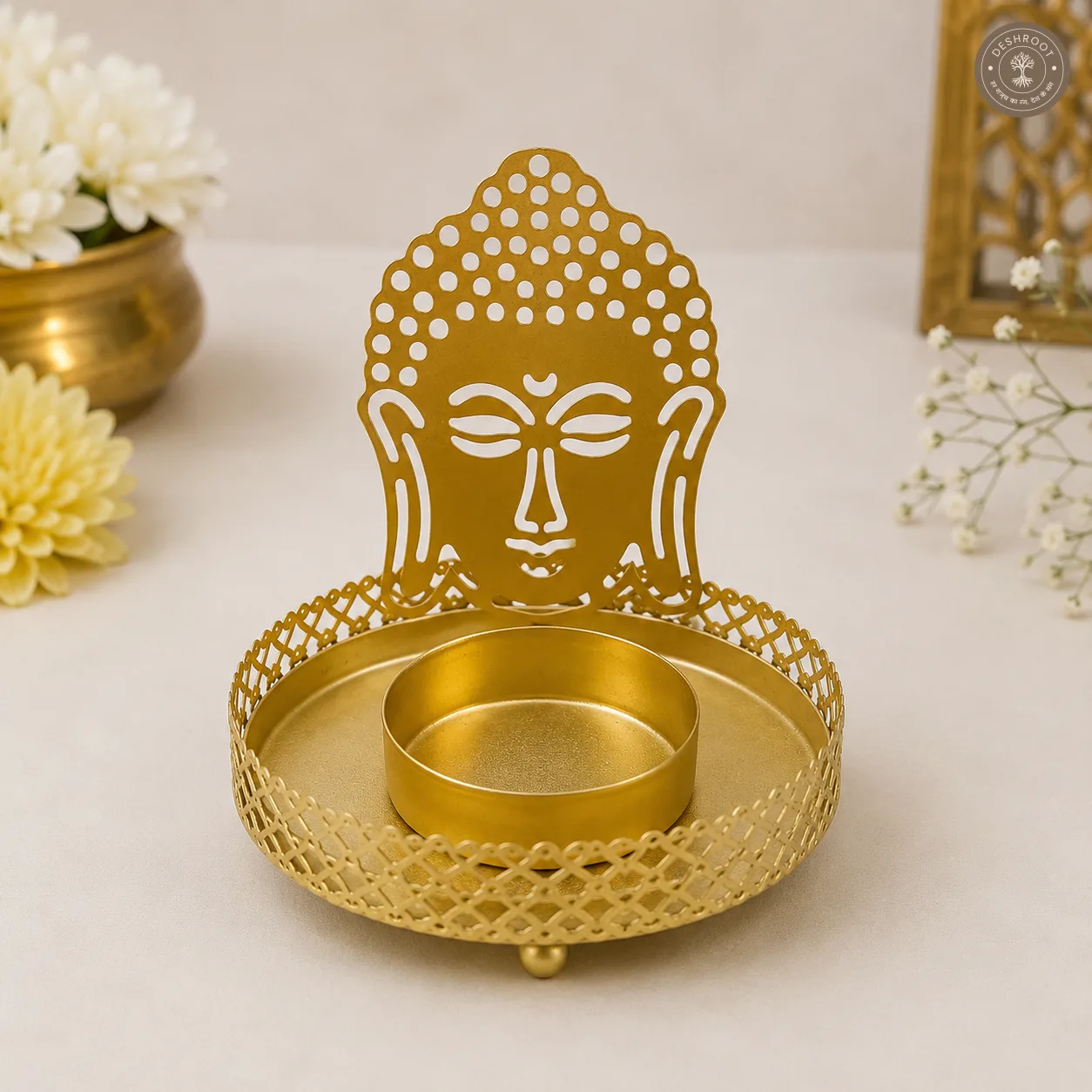 Golden Metal Buddha Shadow Diya Tea Light Candle Holder