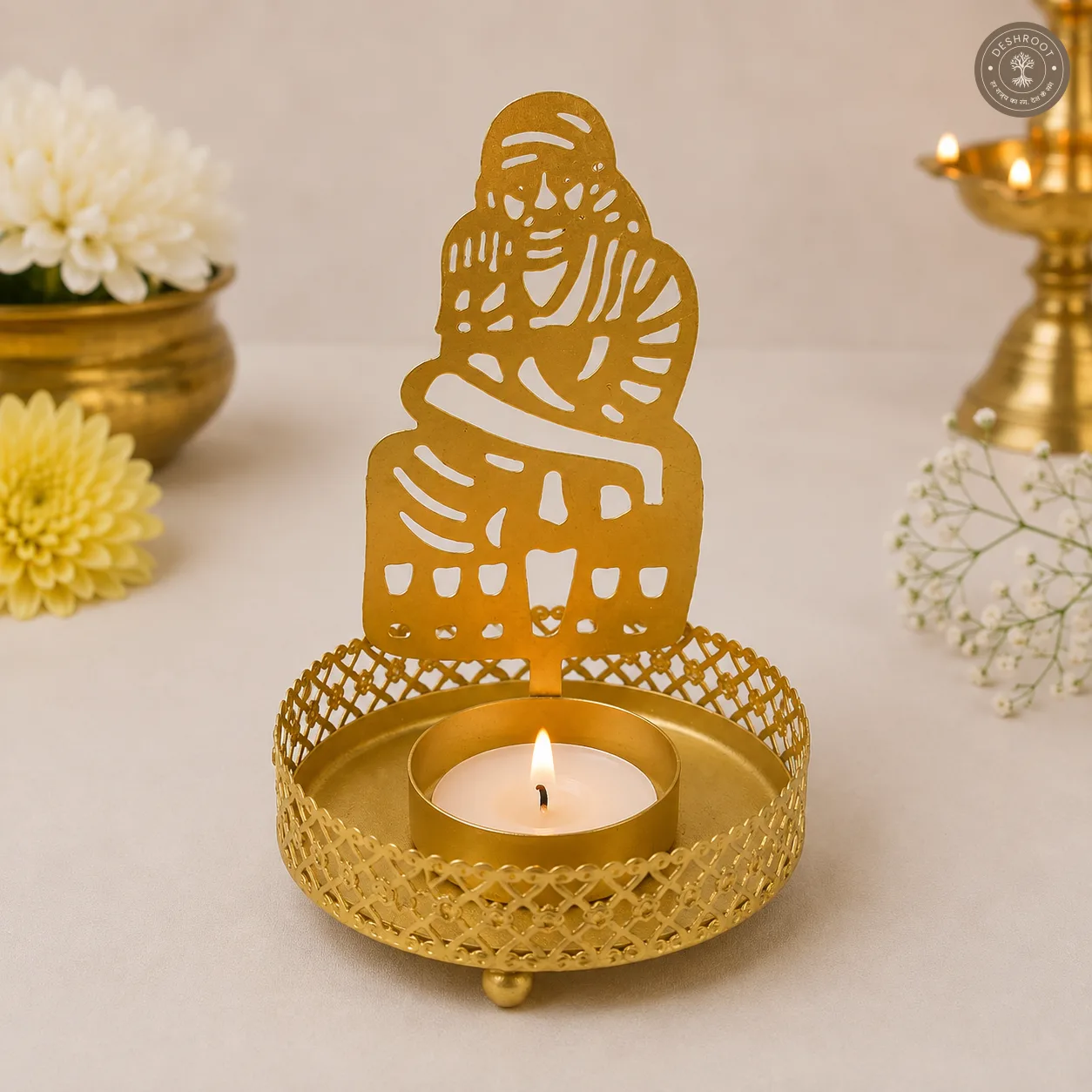 Golden Metal Sai Baba Shadow Diya Tea Light Candle Holders – Set of 2