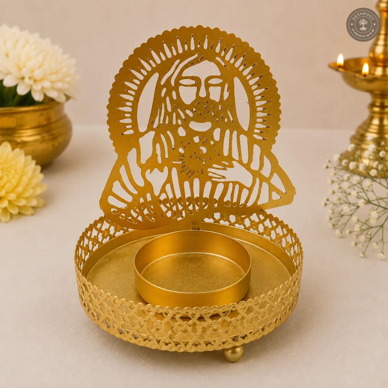 Golden Metal Jesus Shadow Diya Tea Light Candle Holders – Set of 2 with 2 Wax Candles