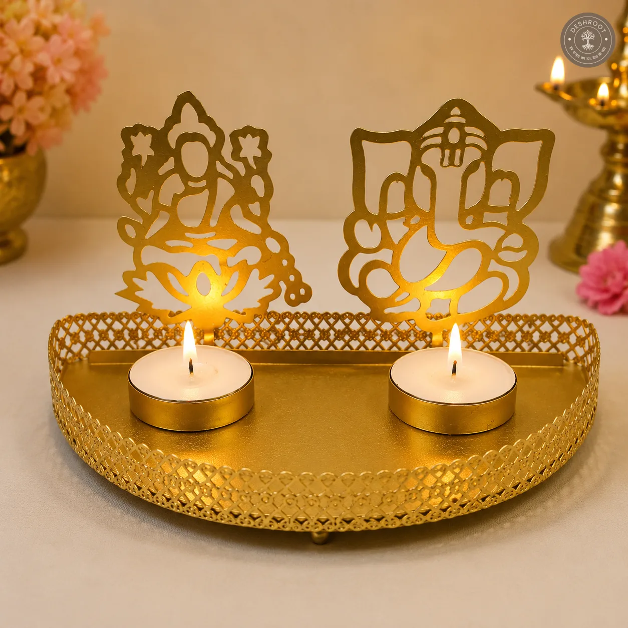 Golden Metal Lakshmi Ganesh Ji Dual Tea Light Candle Holder with 2 Free Wax Candles