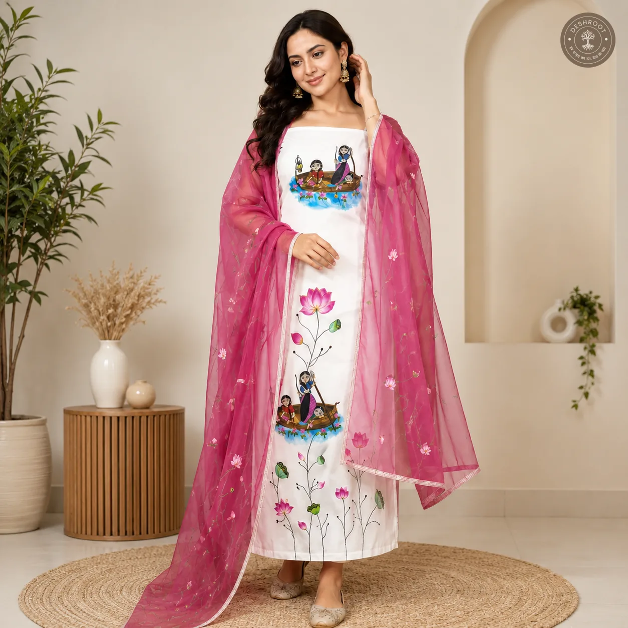 Handcrafted White Cotton Kurta Set with Pink Floral & Folk Art Print and Dupatta