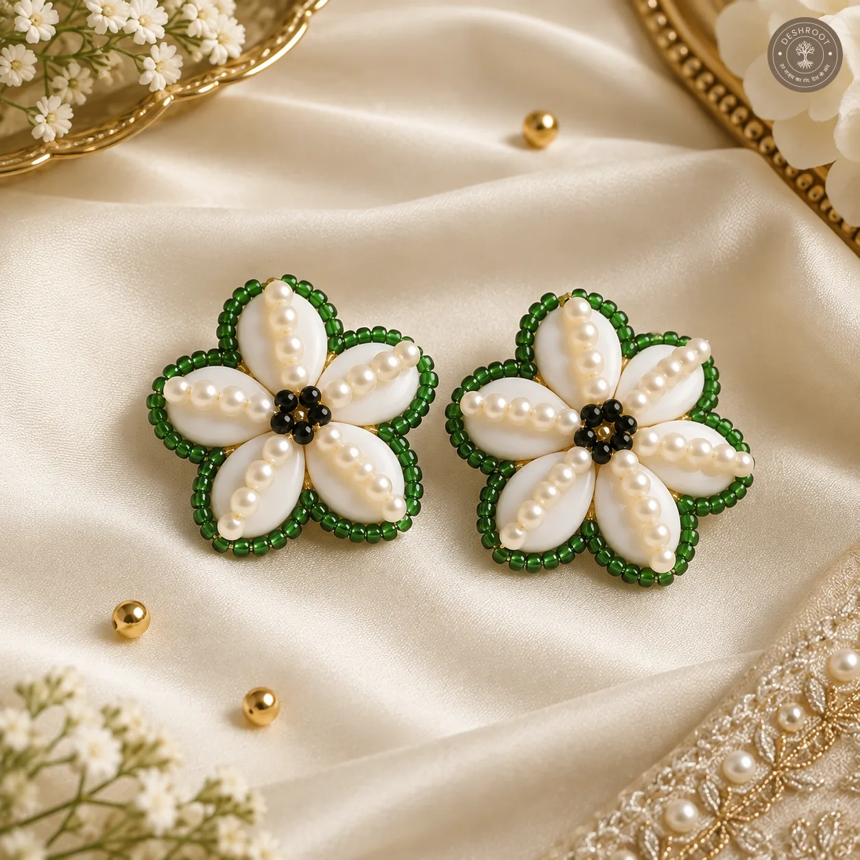Emerald Pearl Floral Kundan Earrings