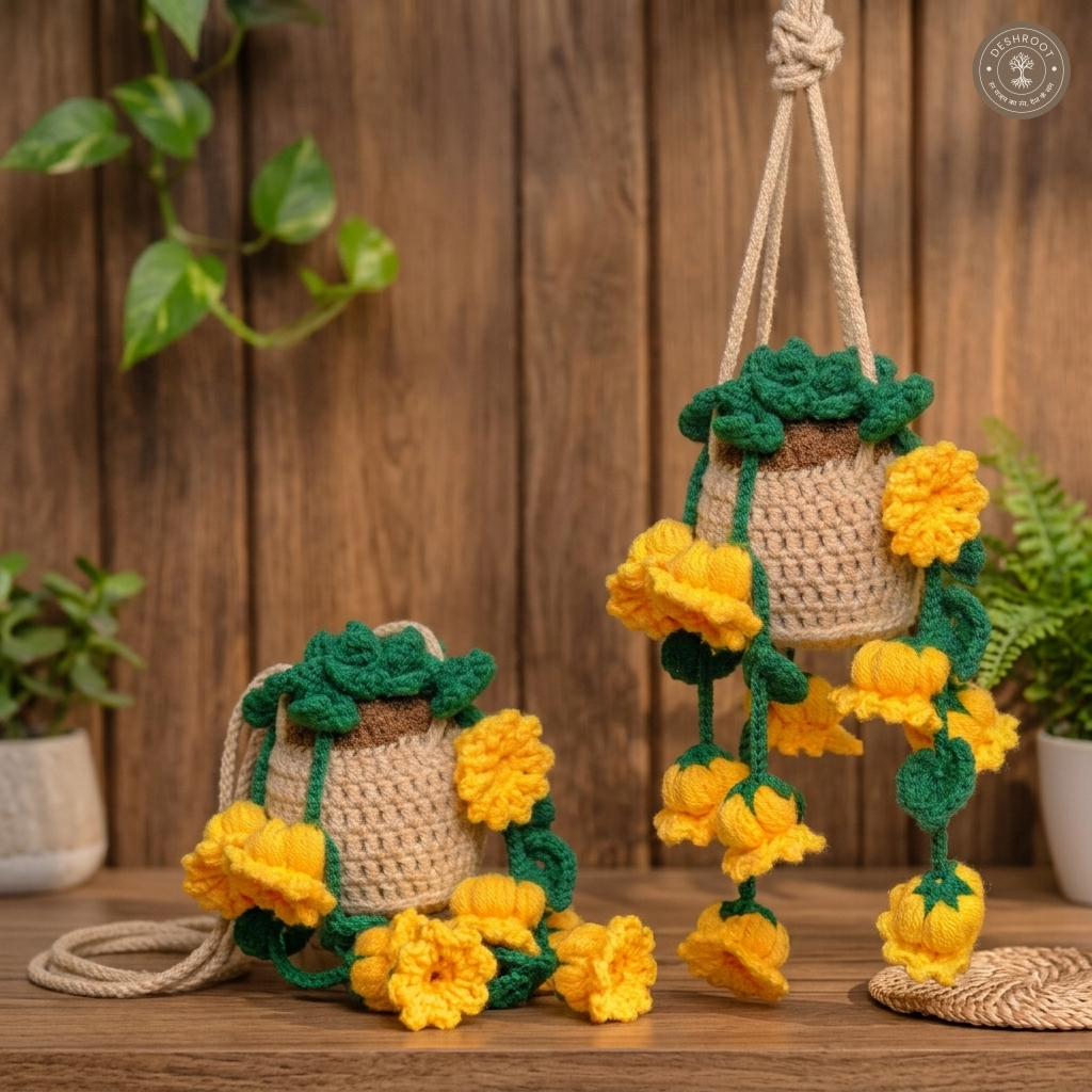 Handmade Crochet Sunflower Hanging Flower Pot Combo Pack of 2 - Decorative Knitted Hanging Basket with Cascading Sunflowers
