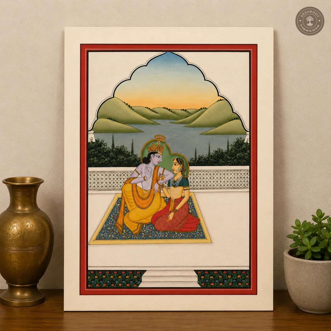 Kangra Miniature Painting – Radha Krishna by the Riverside