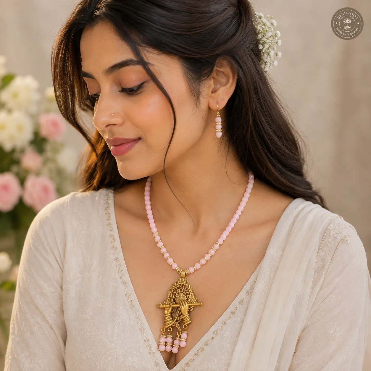 Pearl Krishna Flute Crystal Bead Necklace & Earring Set