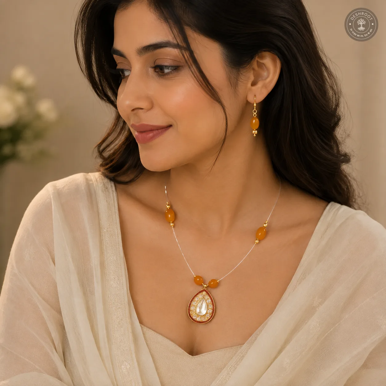 Amber Glow Beaded Necklace & Earring Set
