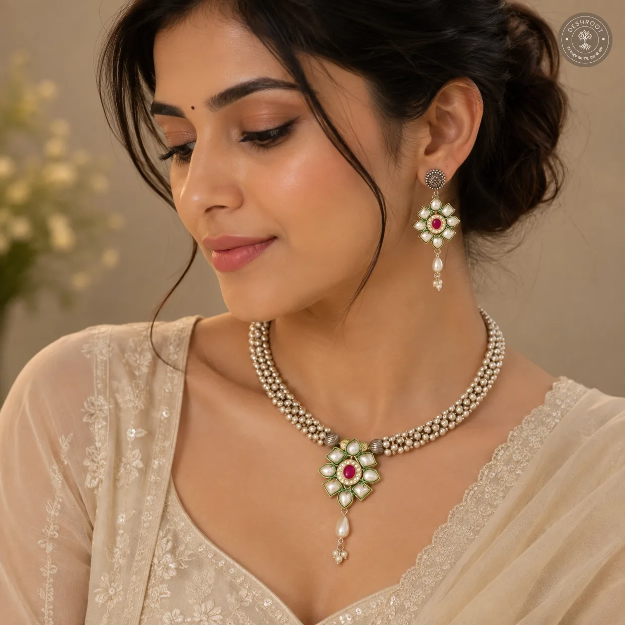 Elegant Floral Pearl Choker Set with Stone Pendant
