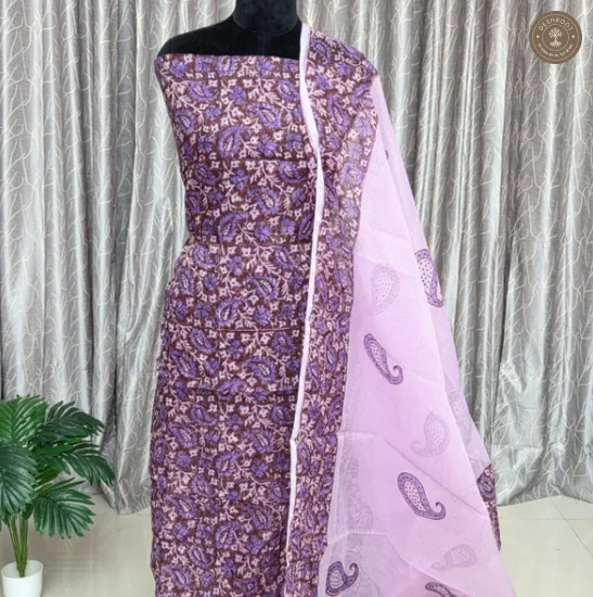 Purple Paisley Print Unstitched Cotton Suit Set with Matching Dupatta