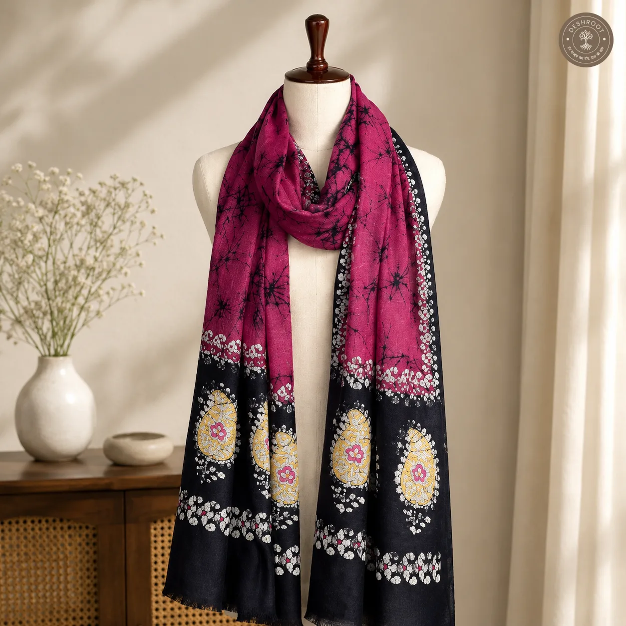 Magenta & Black Designer Magenta Hand-Dyed Stole