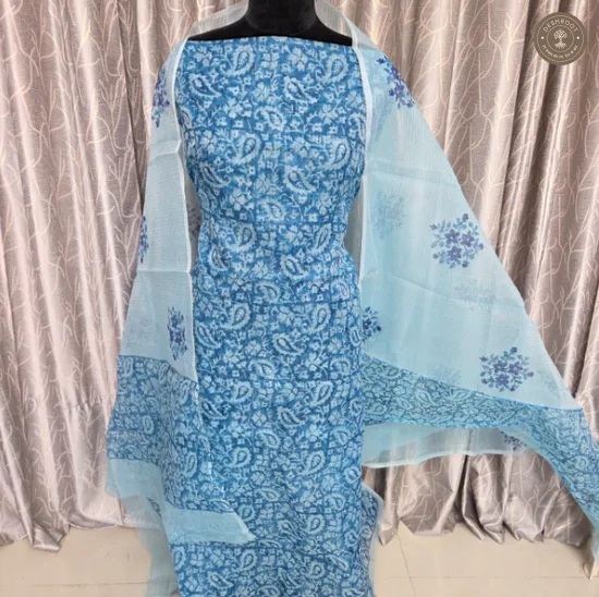 Sky Blue Paisley Print Unstitched Cotton Suit Set with Matching Dupatta (2 Piece set)