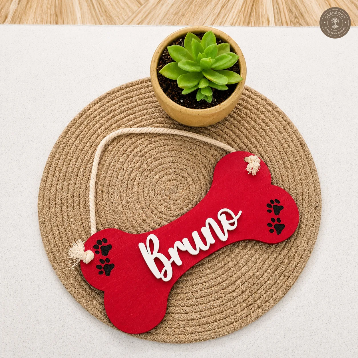 Bone-Shaped Pet Nameplate Wood with Rope Hanger