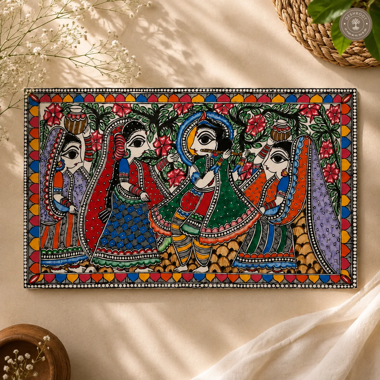 Handmade Krishna with Gopis Madhubani Painting