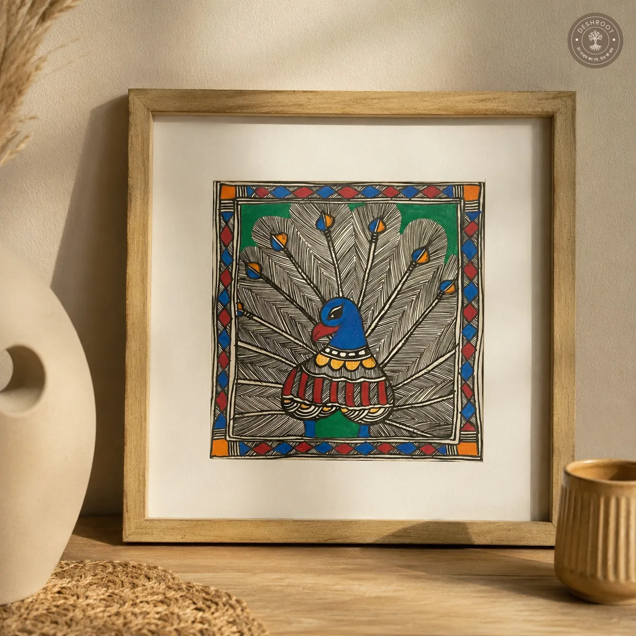 Traditional Madhubani Peacock Folk Art Painting