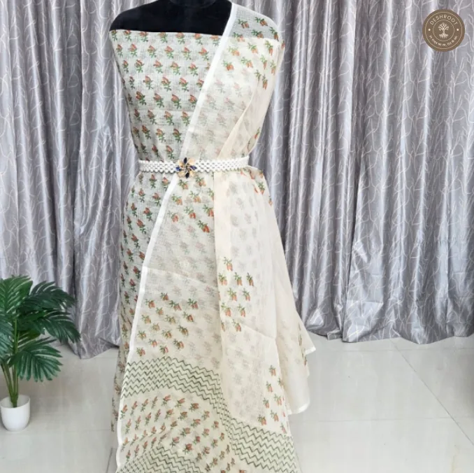 Elegant Ivory Floral Printed 2-Piece Dress Material Set