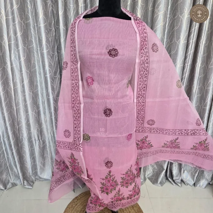 Elegant Pink Floral Border Printed 2-Piece Dress Material Set.