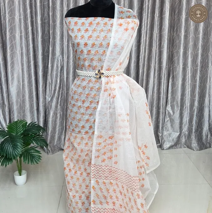 White & Rust Orange Floral Printed 2-Piece Dress Material Set