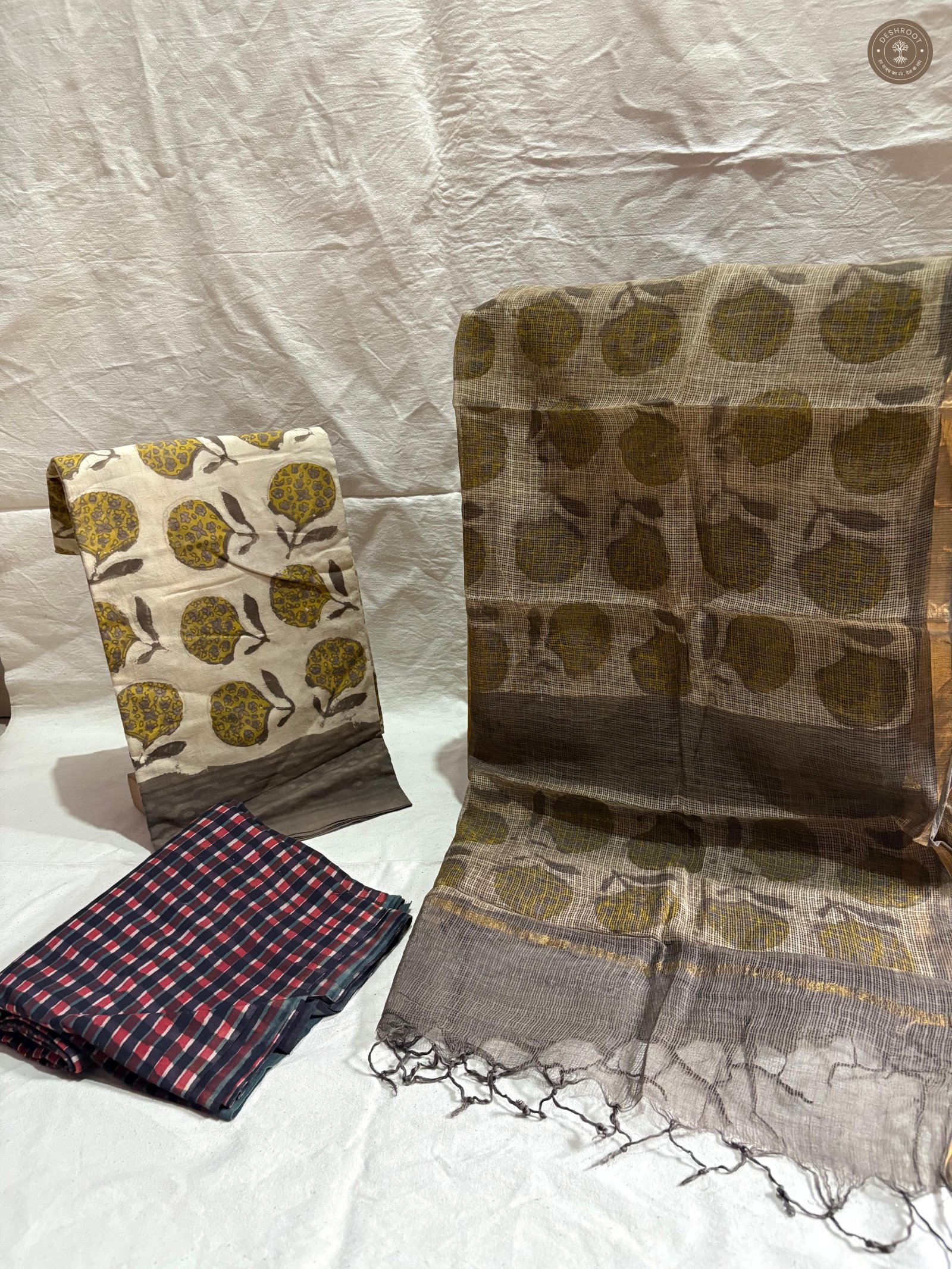 Ajrakh Hand Block Printed Cotton Suit with Kota Doriya Dupatta | Unstitched 3 Piece Dress Material for Women