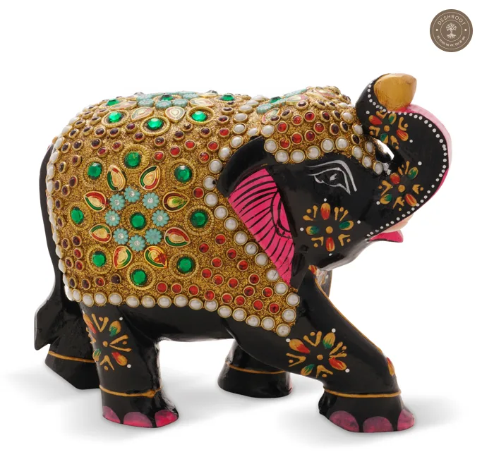 Handcrafted Wooden Elephant Showpiece with Stone Embellishments