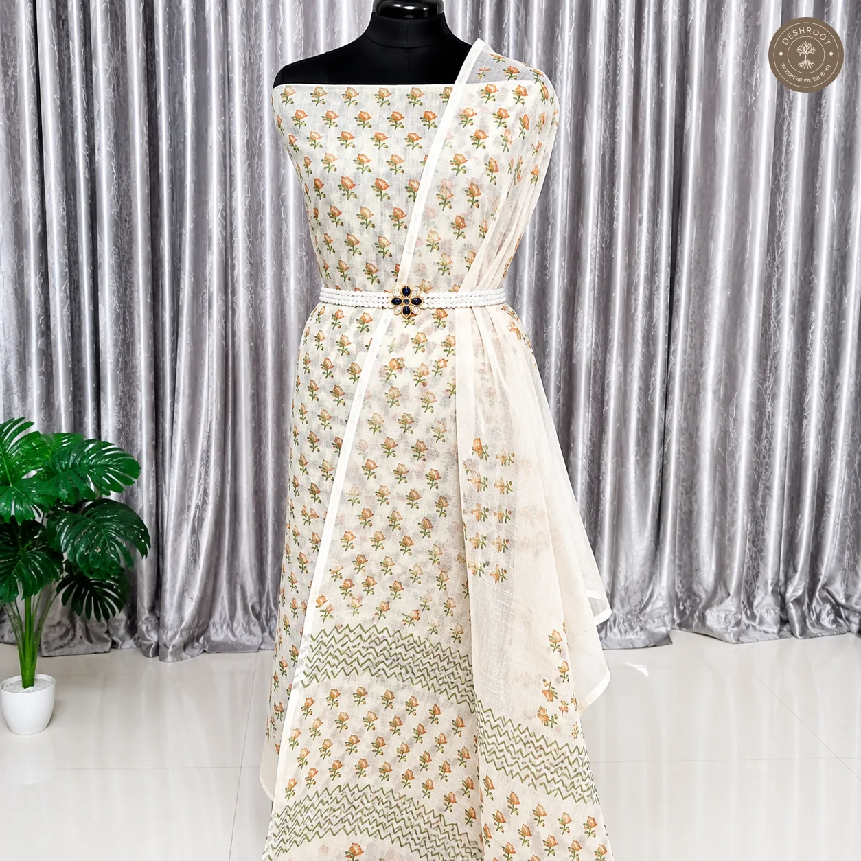 Elegant Ivory Floral Printed 2-Piece Dress Material Set