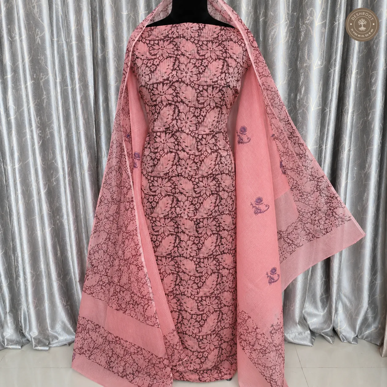 Dusty Pink Floral Print Unstitched Cotton Suit Set with Matching Dupatta (2 Piece set)
