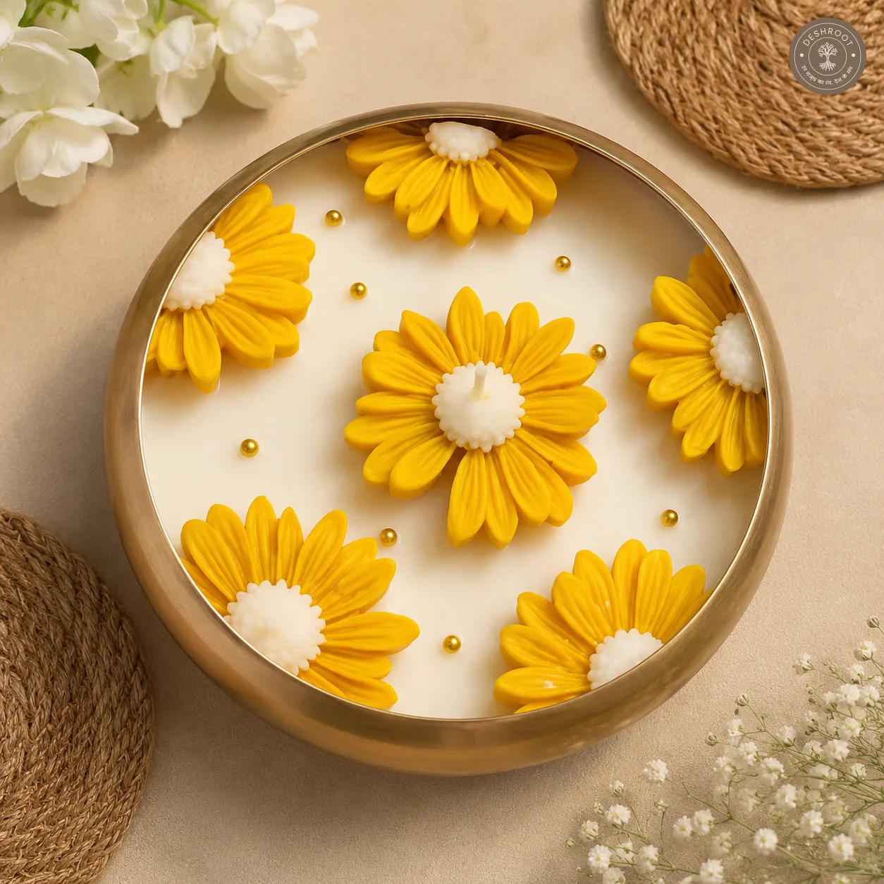 Golden Daisy Bloom Urli Candle
