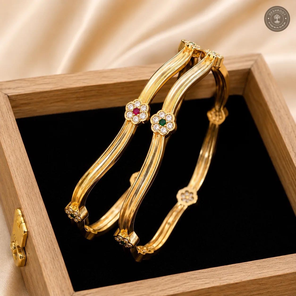 Zahra Dual-Wave Floral AD Gold-Tone Bangle Pair