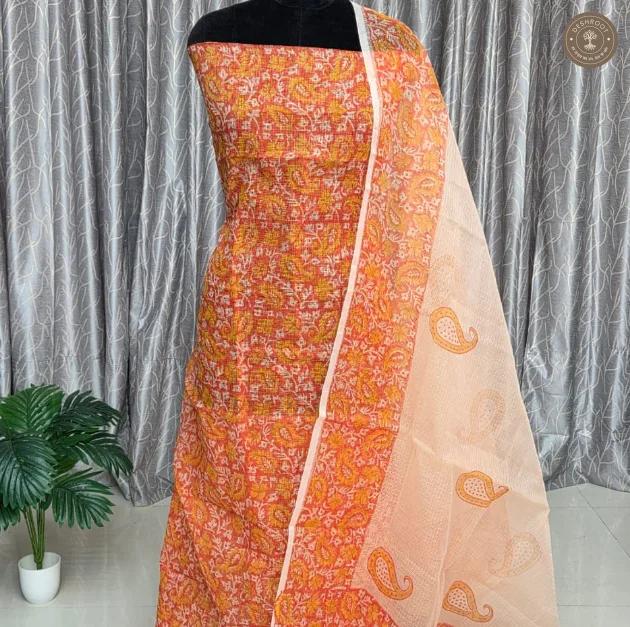 Orange Paisley Printed Unstitched Dress Material with Cream Dupatta – 2 Piece Set