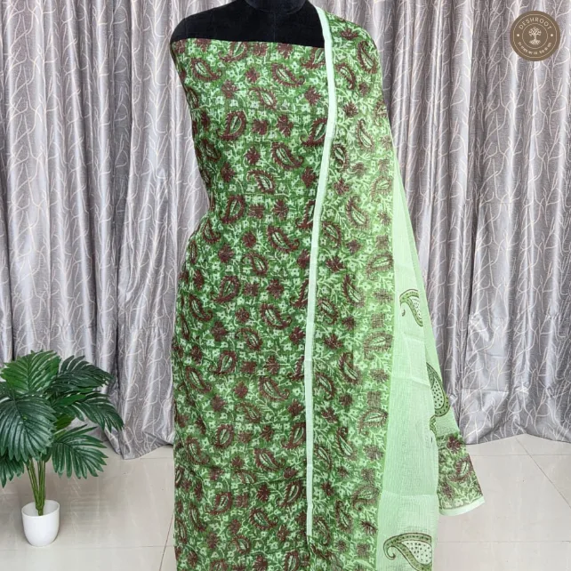 Green Paisley Print 2-Piece Unstitched Suit Set with Dupatta