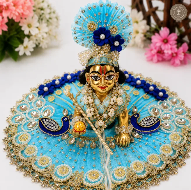 Sky Blue Peacock Design Laddu Gopal Ji Poshak with Matching Mukut