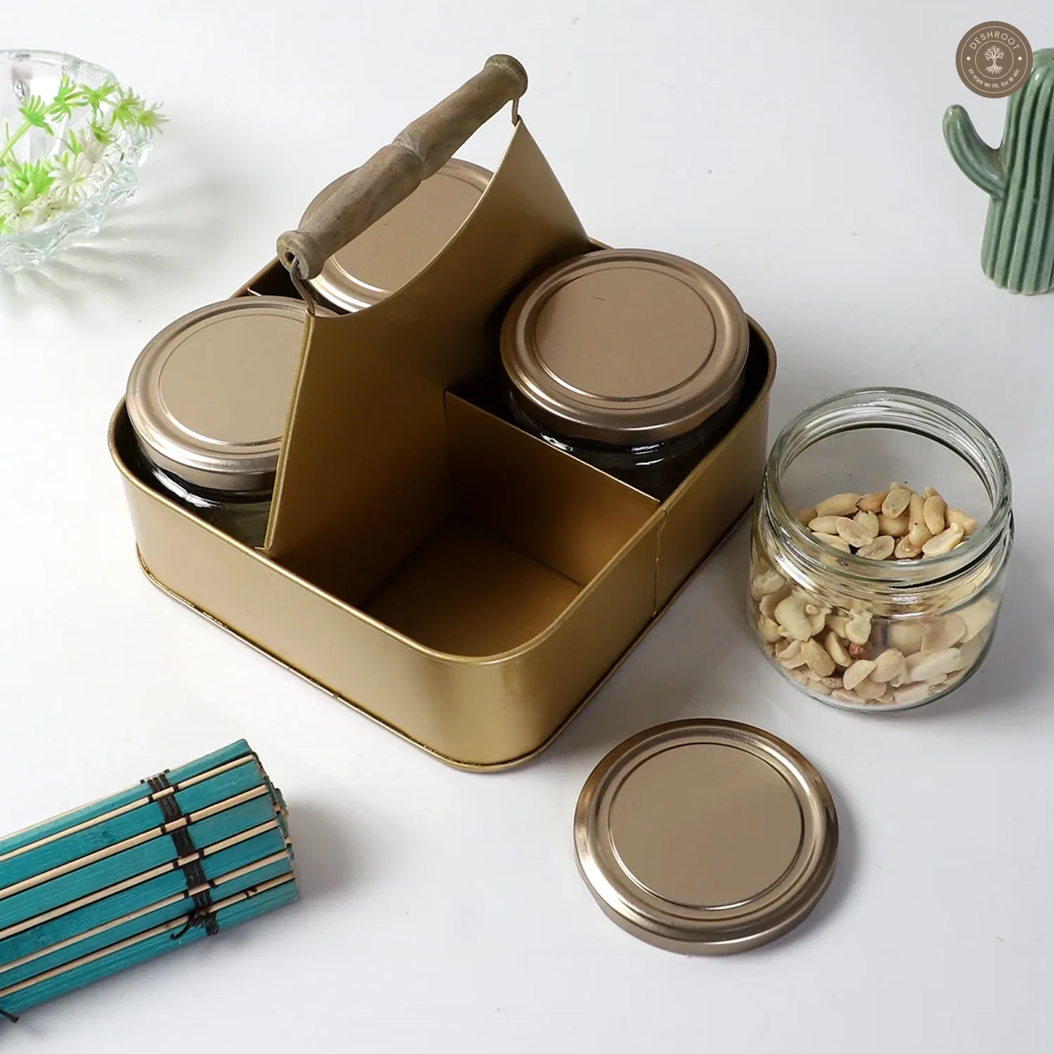 Metal Basket With 4 Glass Jars