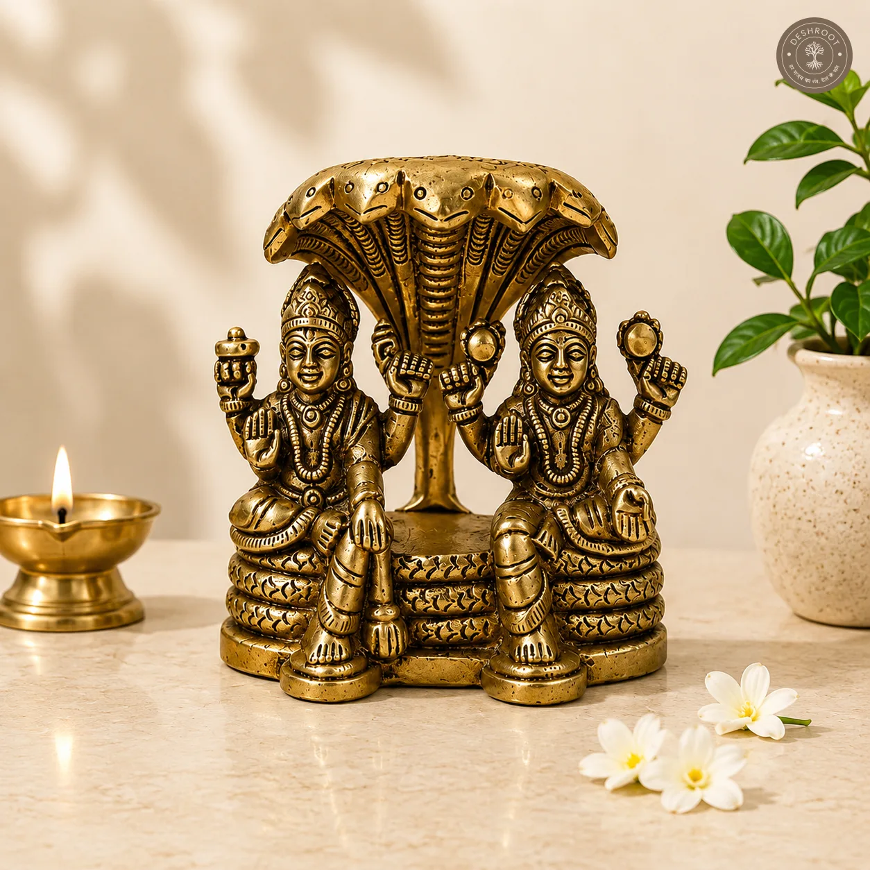 Antique Brass Lakshmi Narayan on Shesh Shaiya Idol